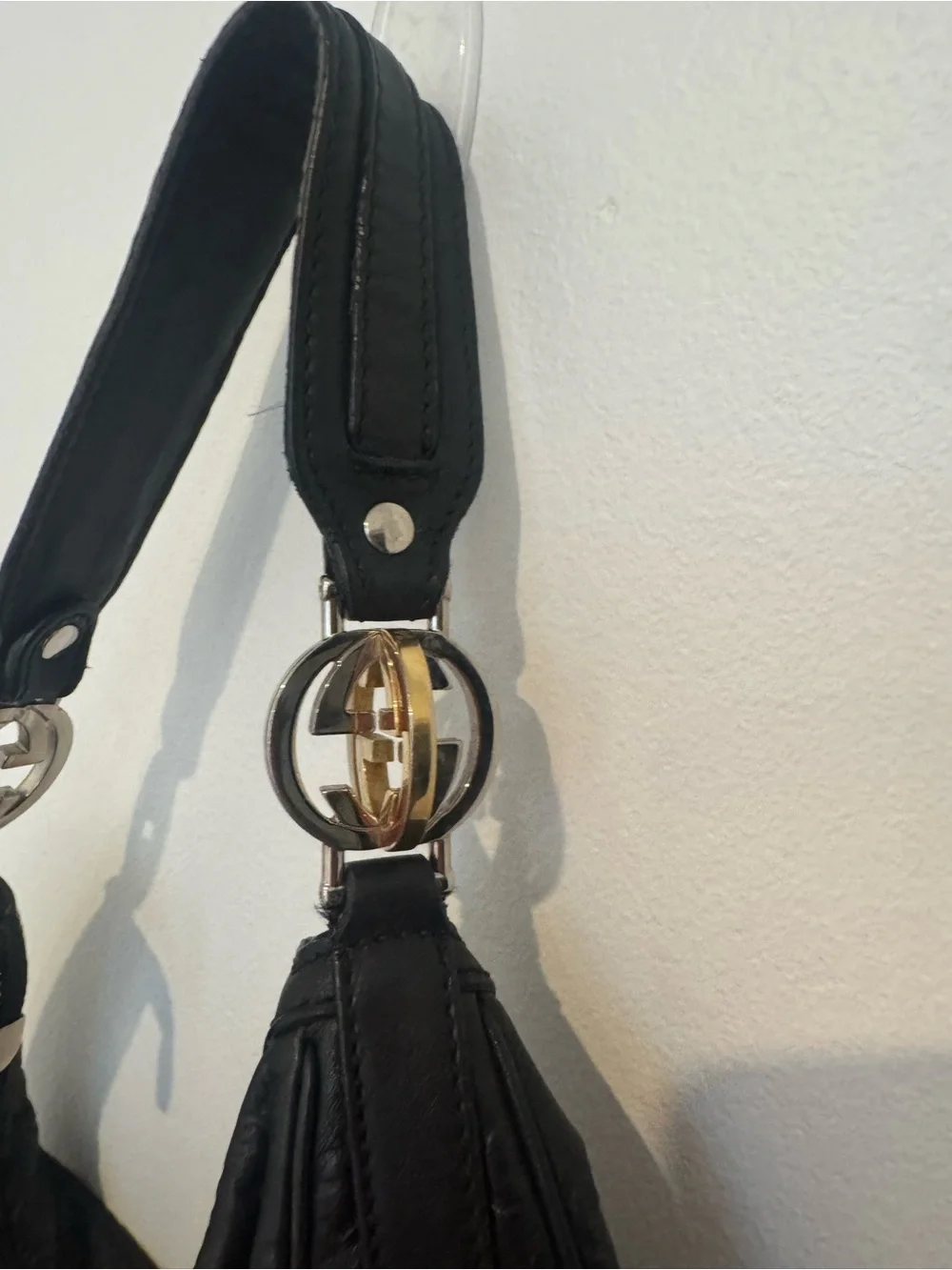 Gucci Black Embossed Leather Hobo Bag with Matching Wallet